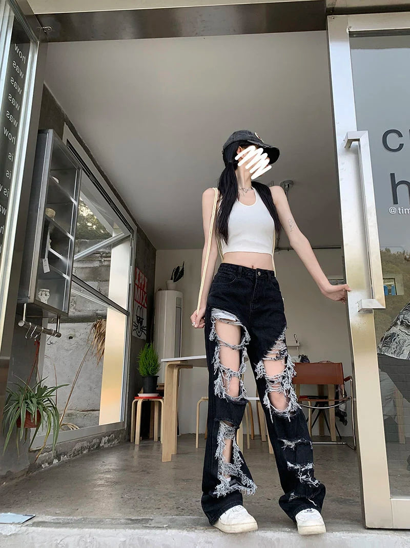 Zoki Hip Hop Hole Jeans Women Y2K Streetwear Harajuku Hollow Out Denim Pant American Retro High Waist Female Straight Trousers