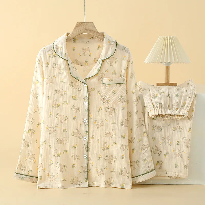 Summer women's 2-piece set of 100% pure cotton women's sleepwear bedroom set long sleeved+long pants women's sleepwear