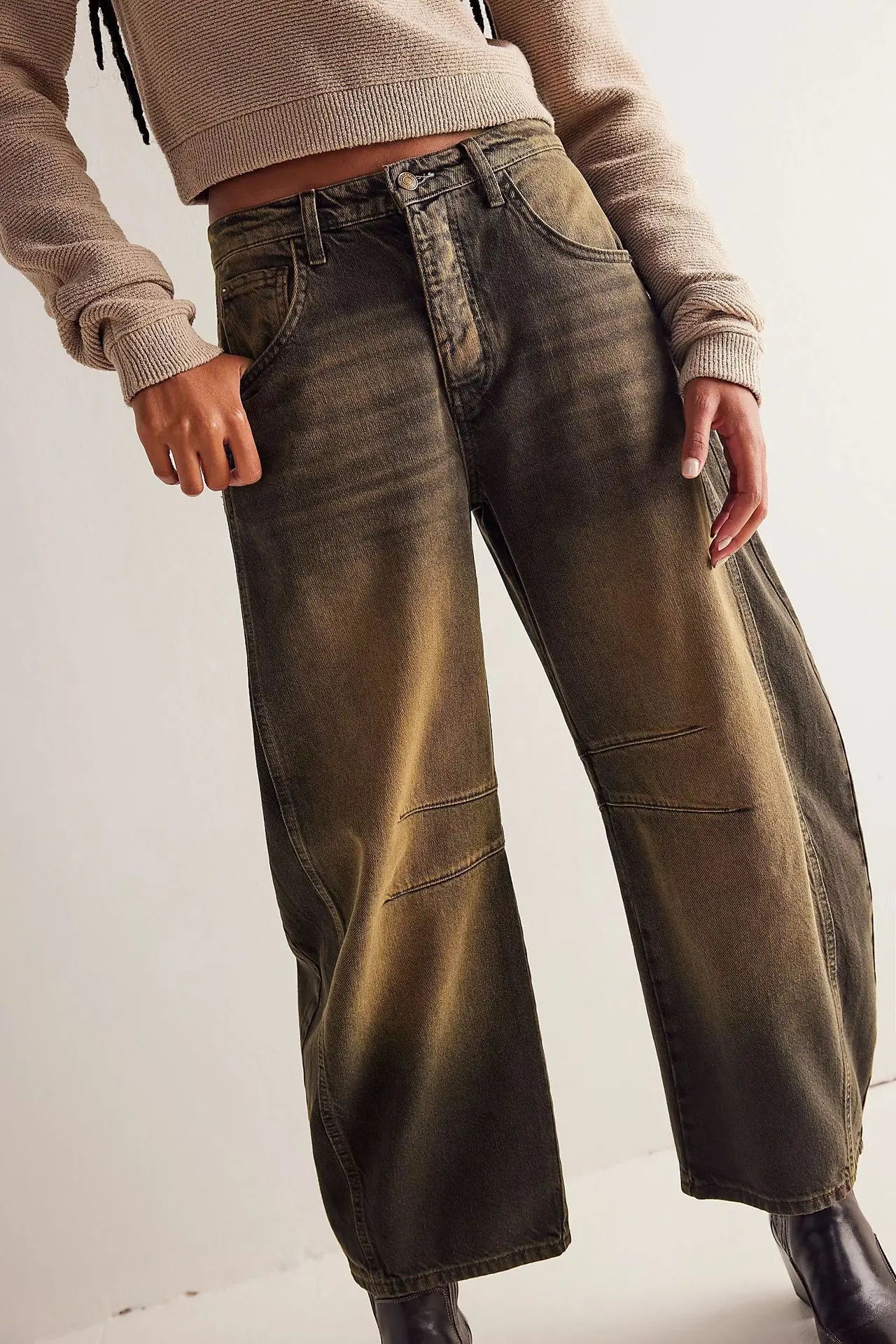 Women Loose Mid Waist Jeans Denim Full Length Pants Sexy Fashion Solid Color Trousers Denim Pockets Bleached