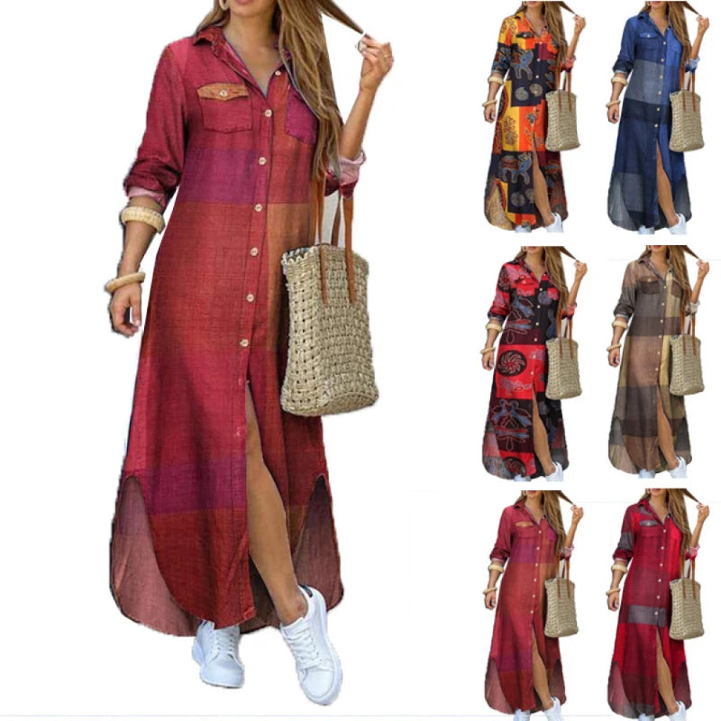 Camouflage Leopard Letters Floral Printed Dresses for Women 2025 Buttons Long Sleeve Loose Split Casual Solid Maxi Dress Robe