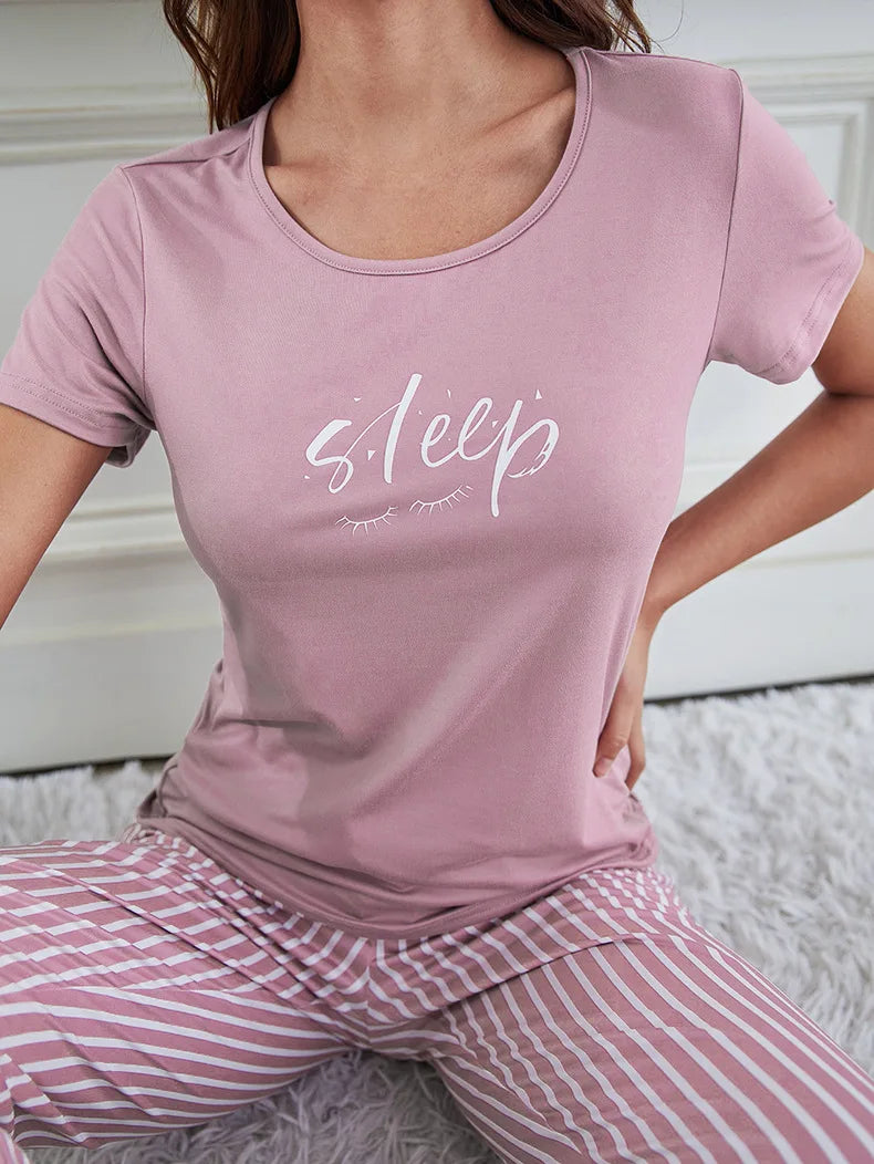 Ladies 2 Piece Summer Homewear Nightwear Spring Women Short Sleeve Long Pants Printed T-Shirt Ladies Pajamas Casual Set