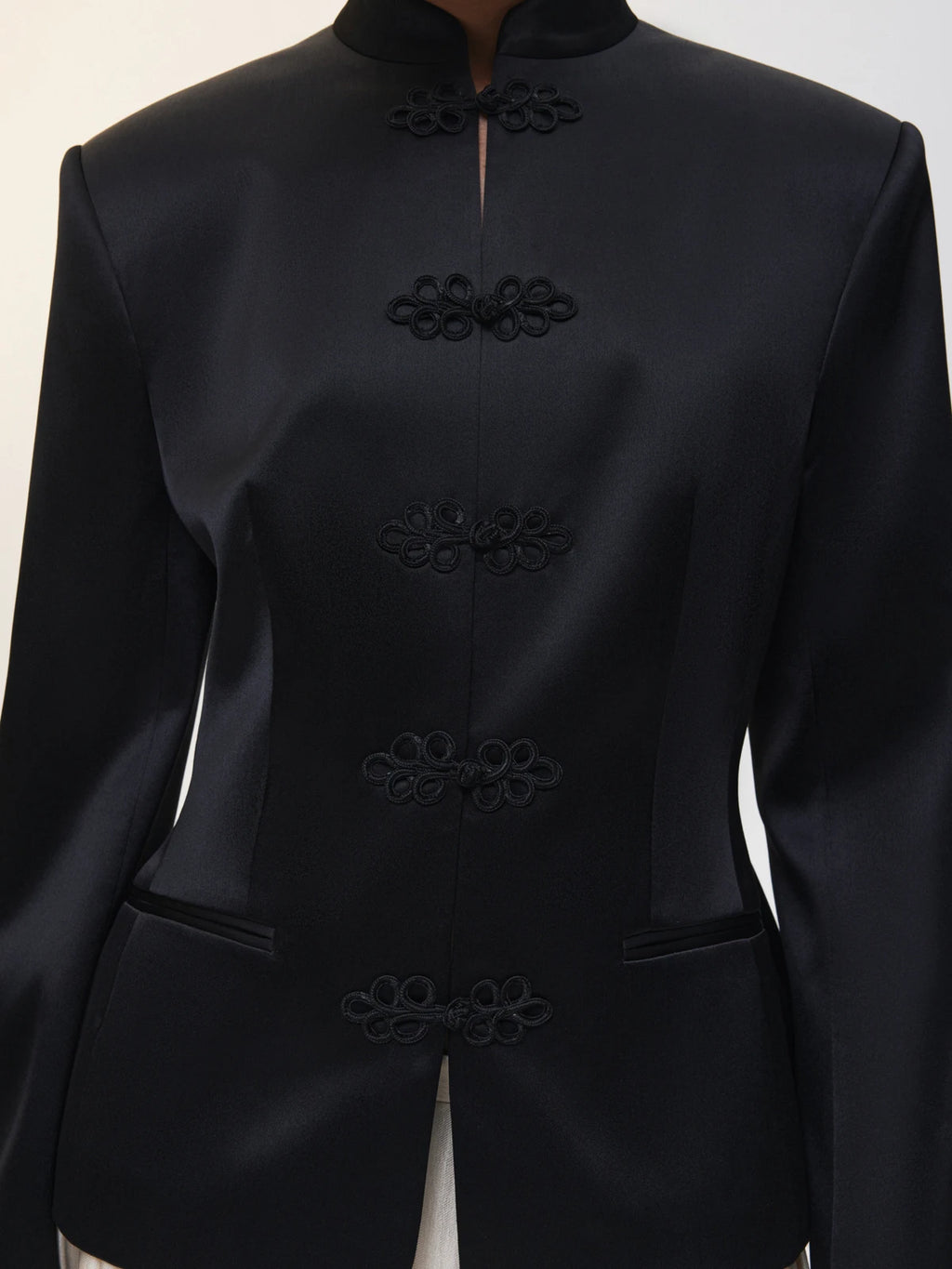 DFDG Women's Spring Summer Satin Mandarin Collar Knot Button Blazer Chic Formal Casual Wear 2026 Trendy Feminine Fashion Coat