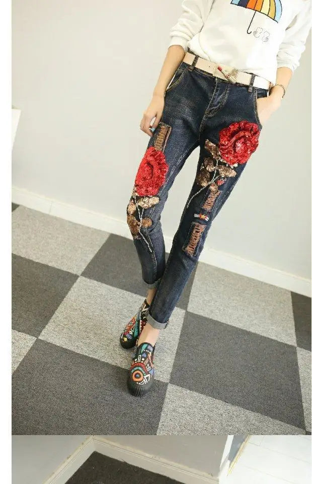 Women Jeans 2026 Spring Autumn Rose Jeans Women's High Waist Slimming Fashion Shorts