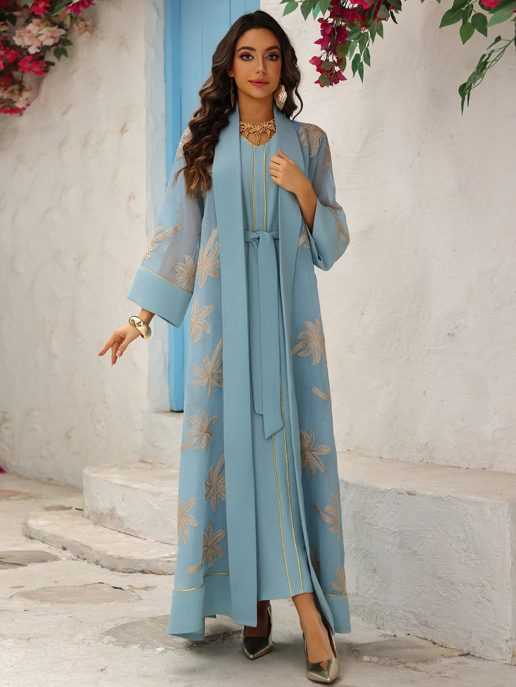 Eid Women Dress Muslim Abaya 2 Piece Set Musulman Ensembles Party Jalabiya Ramadan Abayas Vestidos Largos Kaftan Arab Long Robe