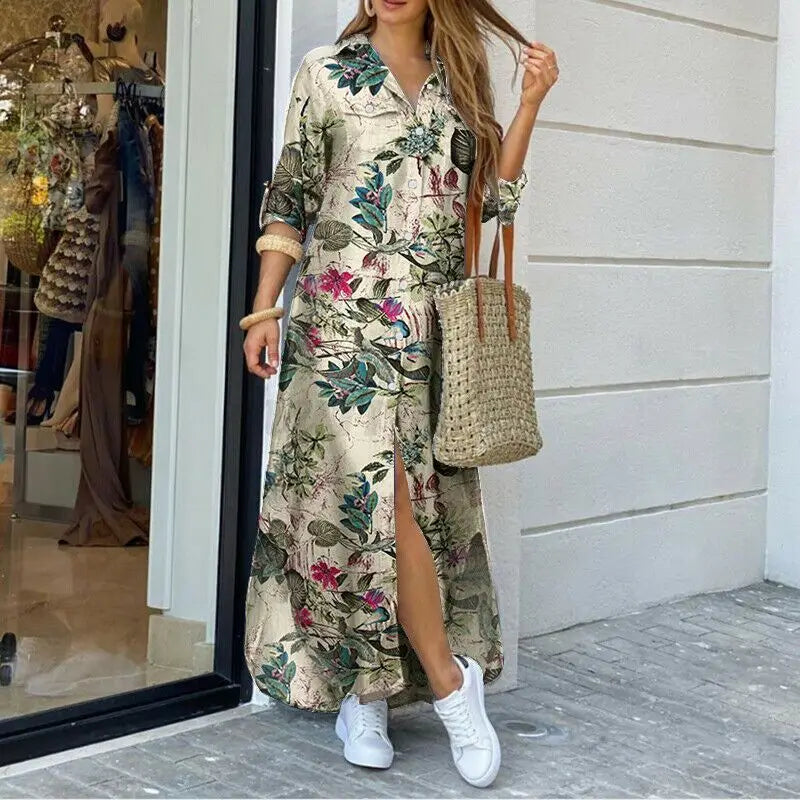 Camouflage Leopard Letters Floral Printed Dresses for Women 2025 Buttons Long Sleeve Loose Split Casual Solid Maxi Dress Robe
