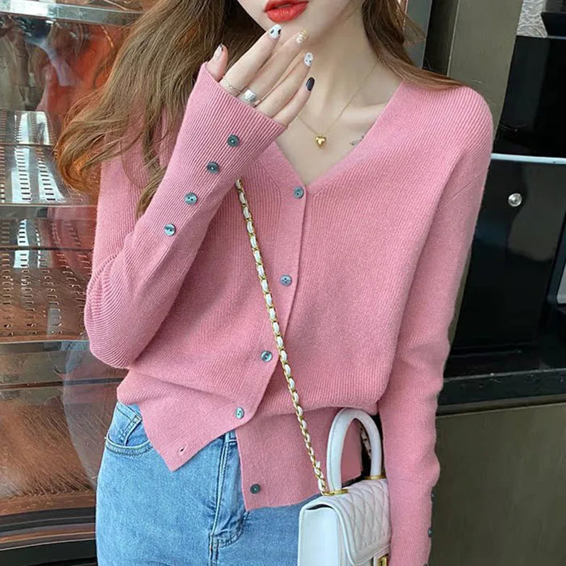 2025 Autumn And Winter Casual Sweater V Neck Women Korean Fashion Tops Long Sleeve Solid Basic Knitted Cardigan Female