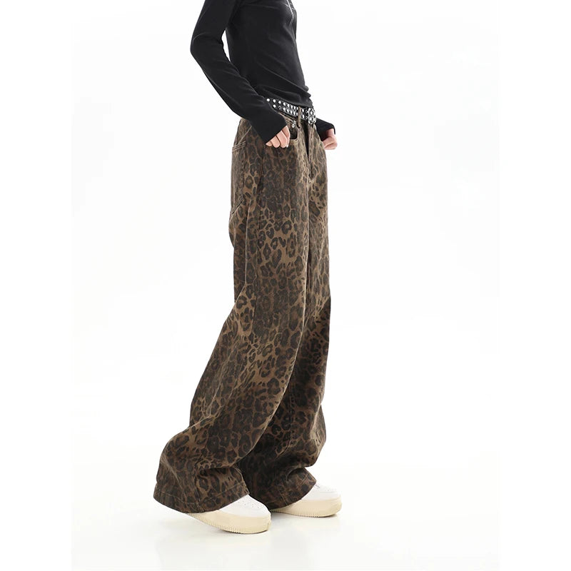 American Retro High Street Casual Overalls Leopard Print Loose Wide Leg Pants For Women Y2k Hip-hop Cargo Grunge Baggy Trousers