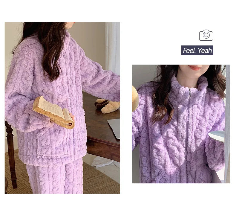 Large Size Flannel Pajamas Set Autumn Winter Female Sleepwear Trouser Suit Thicken Coral Fleece High Collar Lounge Wear Homewear