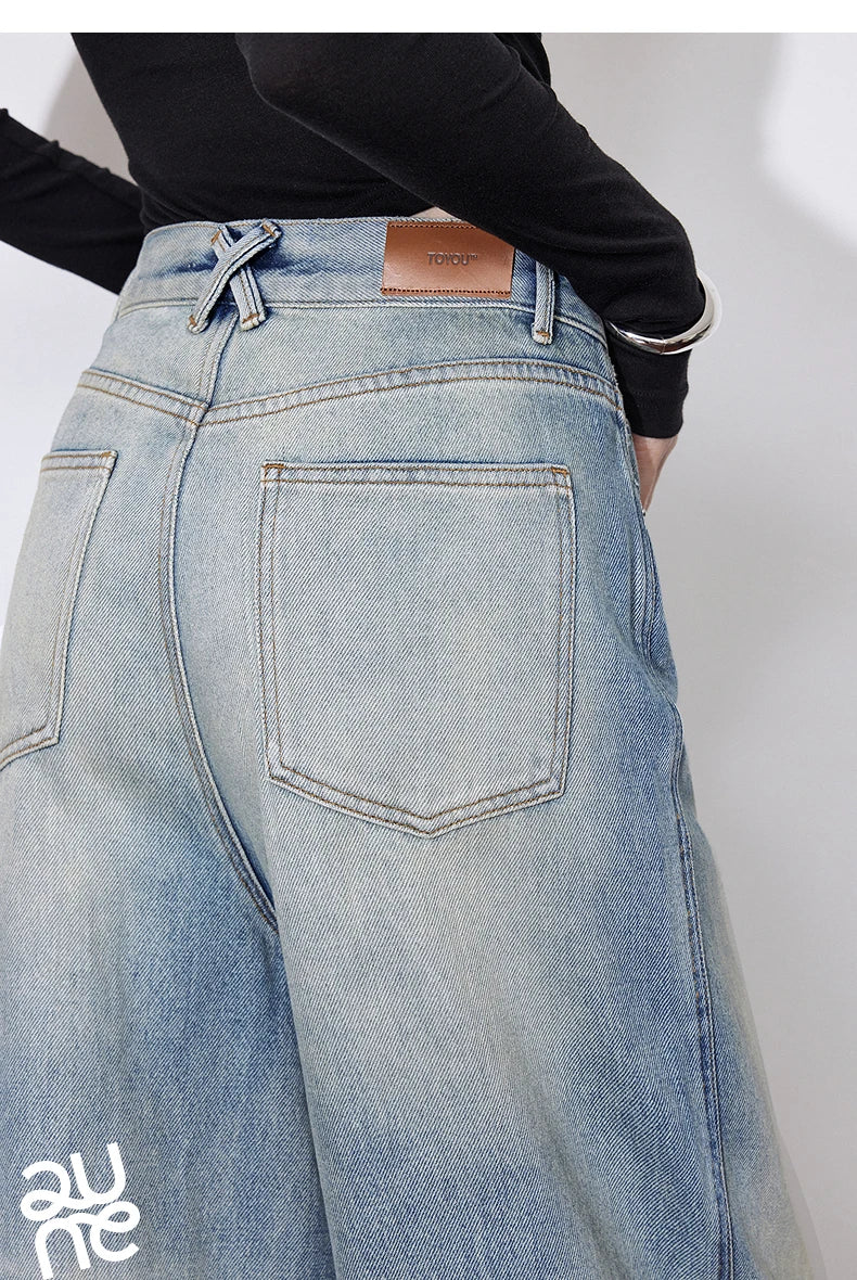 TOYOUTH Women Denim Jeans 2025 Spring New Mid Waist Wide Leg Straight Casual Long Pants