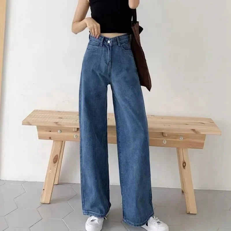 Loose Straight Leg Jeans, Korean Version of Women's Autumn Water Washing High-waisted Wide-leg Pants, Casual Floor-length Jeans