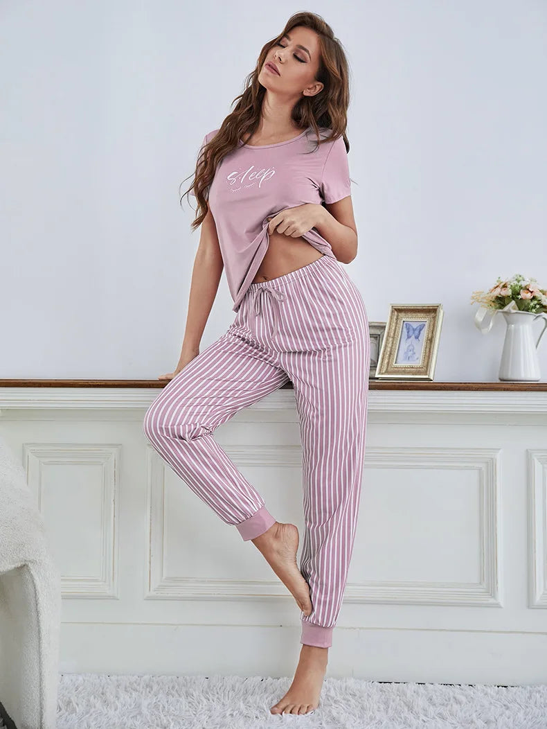 Ladies 2 Piece Summer Homewear Nightwear Spring Women Short Sleeve Long Pants Printed T-Shirt Ladies Pajamas Casual Set