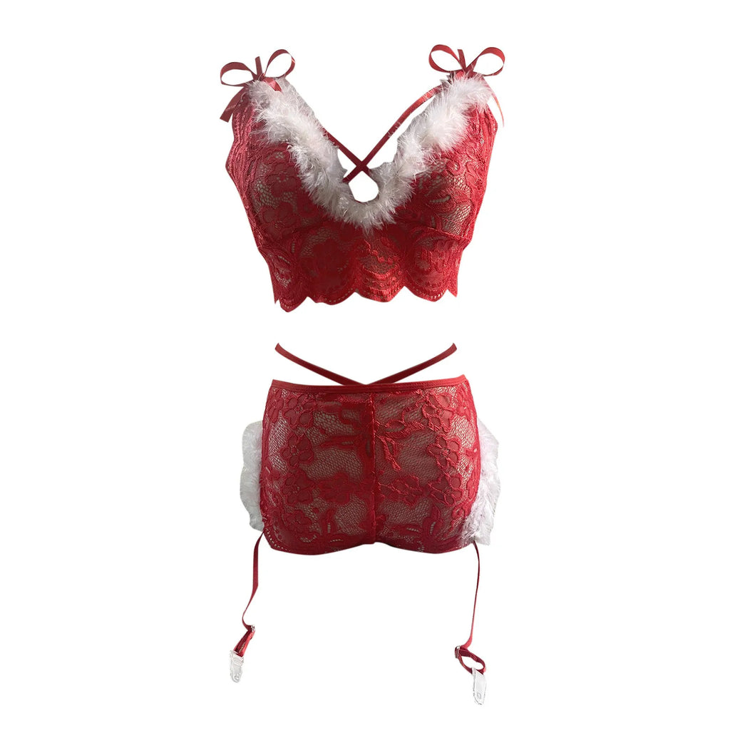 Women 2pc Christmas Lingerie Set Two Piece Red Underwear Lingerie Underwear Sleepwear Satin Lingerie Set for Women plus Size