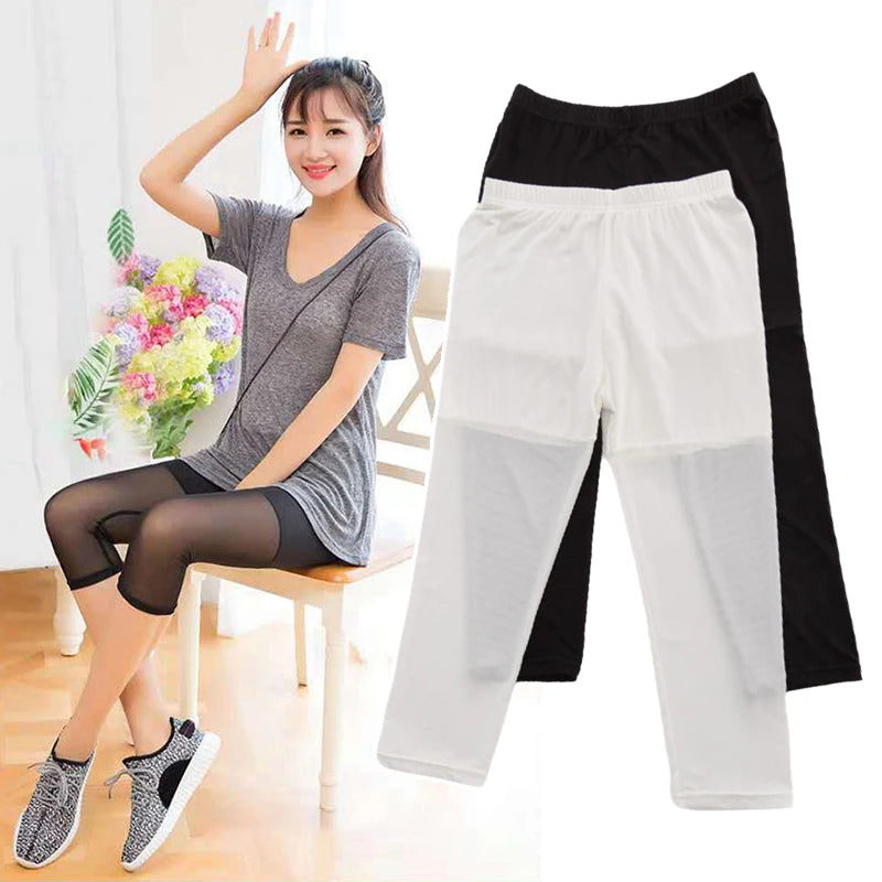 Women Safety Pants Summer Mesh Stretch Leggings Sports Fitness Skinny Pants 3/4 Length Leggings Capri Pants Thin Modal Pants