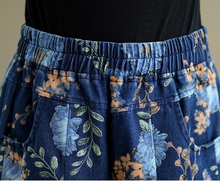 NYFS 2025 New Summer Vintage Print Woman Jeans Loose Plus size Trousers Elastic Waist Denim Wide Leg Pants