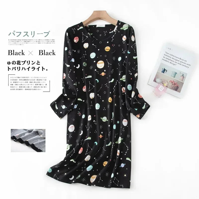 Knitted Cotton Women Plus Size Lingere Nightgown Loose Nightdress Long Sleeve Night Gown Cute Cartoon Home Dress Sexy Sleepwear