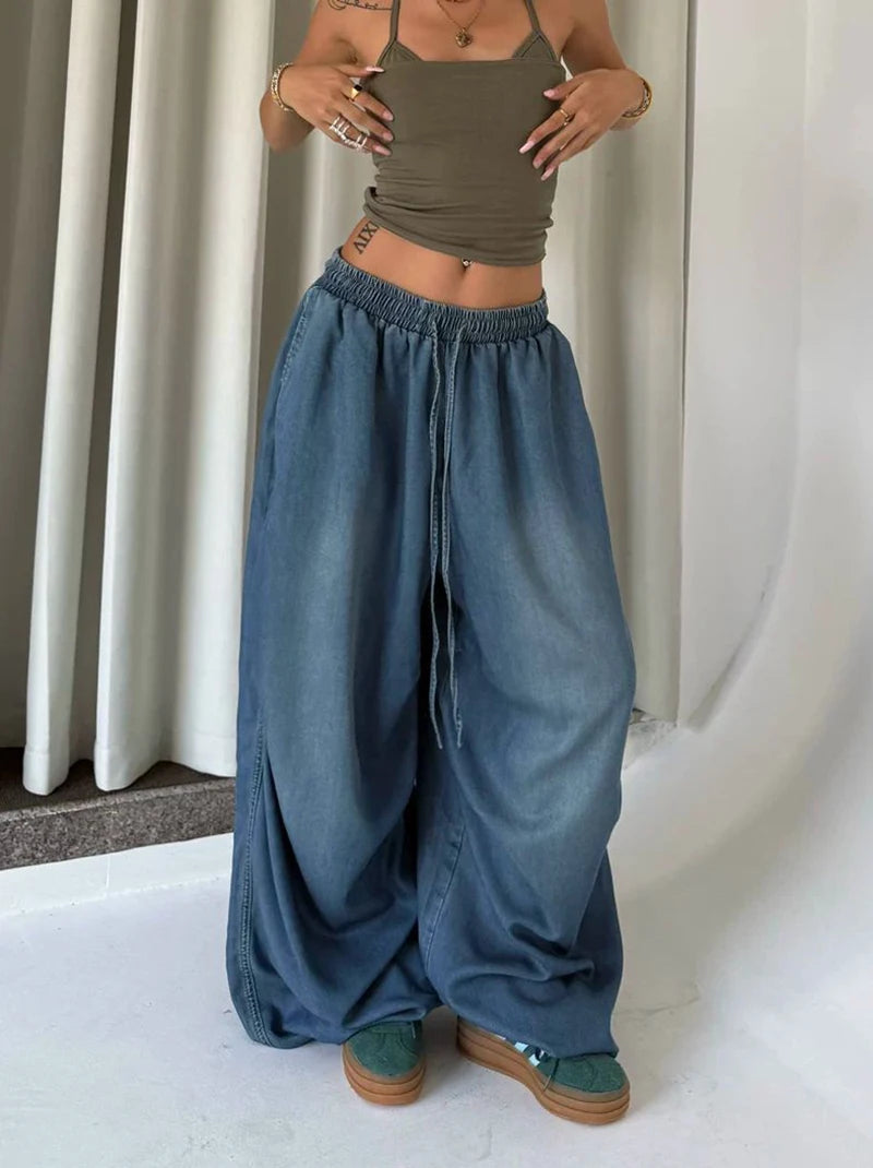 Autumn Oversized Women Wide Leg Jeans Y2K Hip Hop Streetwear Loose Denim Pants High Waist Drawstring All Match Straight Trousers