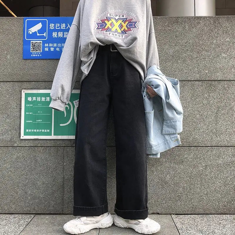 Kawaii Cartoon Young Style Sweet Summer Straight Jeans Women Printing Pockets Zipper Fashion Loose High Waist Wide Leg Trousers