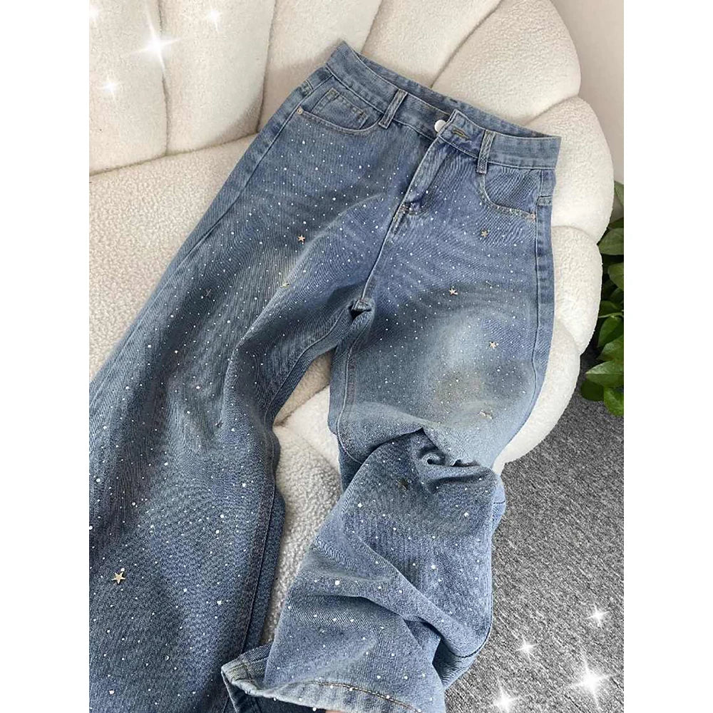Shiny Diamond Bling Denim Pants Spring Autumn Women High Waist Straight Wide Leg Jeans Glitter Rivet Loose Blue Denim Pants ﻿