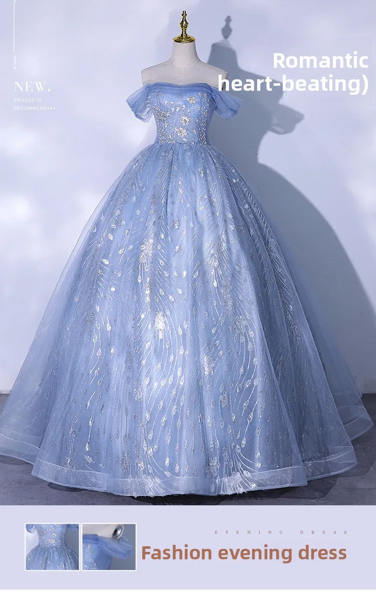One Shoulder Evening Dress 2026 Summer New Haze Blue Vocal Art Exam Piano Performance Puffy Skirt Annual Meeting Evening Dress