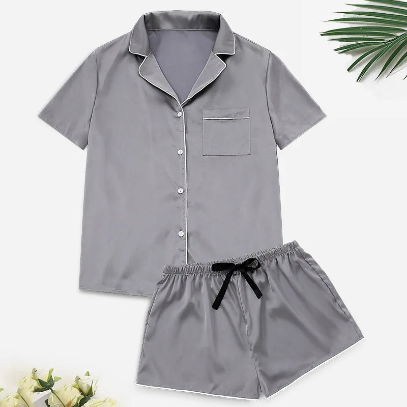 New Female Short Sleeve Shorts Pajamas Set Spring Summer Satin Sleepwer Pijamas Suit Loose Solid Green Home Wear Loungewear