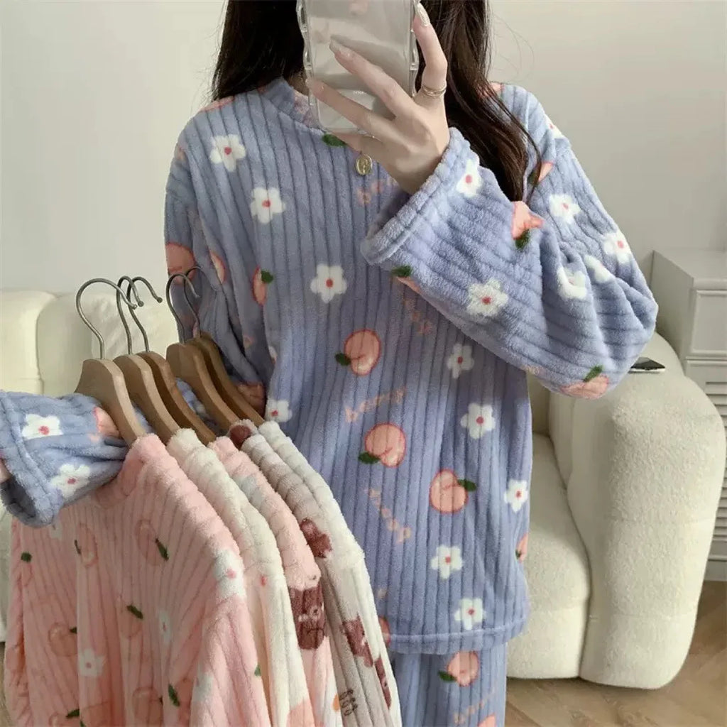 2 Piece Set Warm Sleepwear for Winter Women Printed Bear Coral Velvet Pajamas Student Flannel Loungewear Round Neck Nightwear