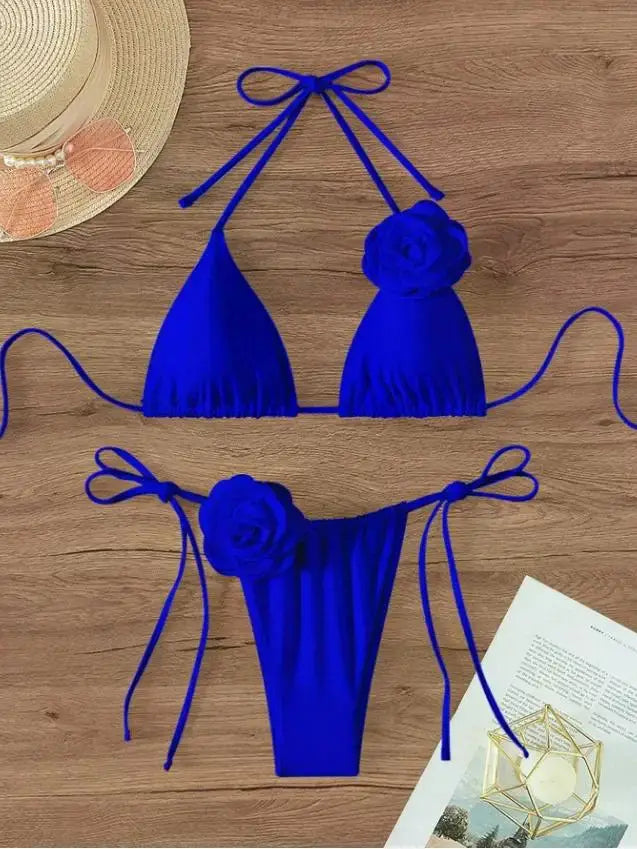 S - L Sexy 3D Flowers Halter Strappy Bikini Women Swimwear Female Swimsuit Two-pieces Bikini Set Bather Bathing Suit Swim