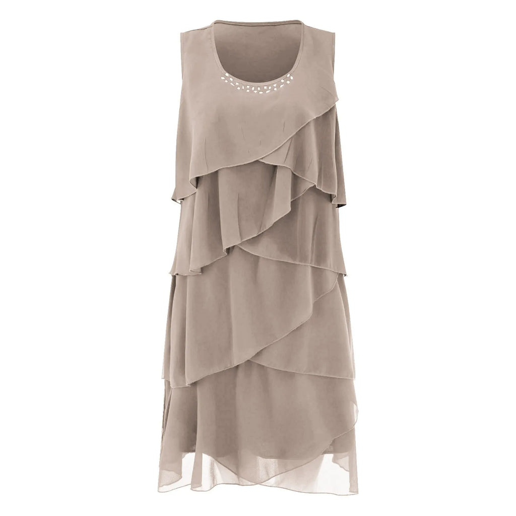 Women's Elegant Layered Ruffles Chiffon Dresses Solid Color Sleeveless Flowy Party Dress With Diamond Vestidos Summer Sundress