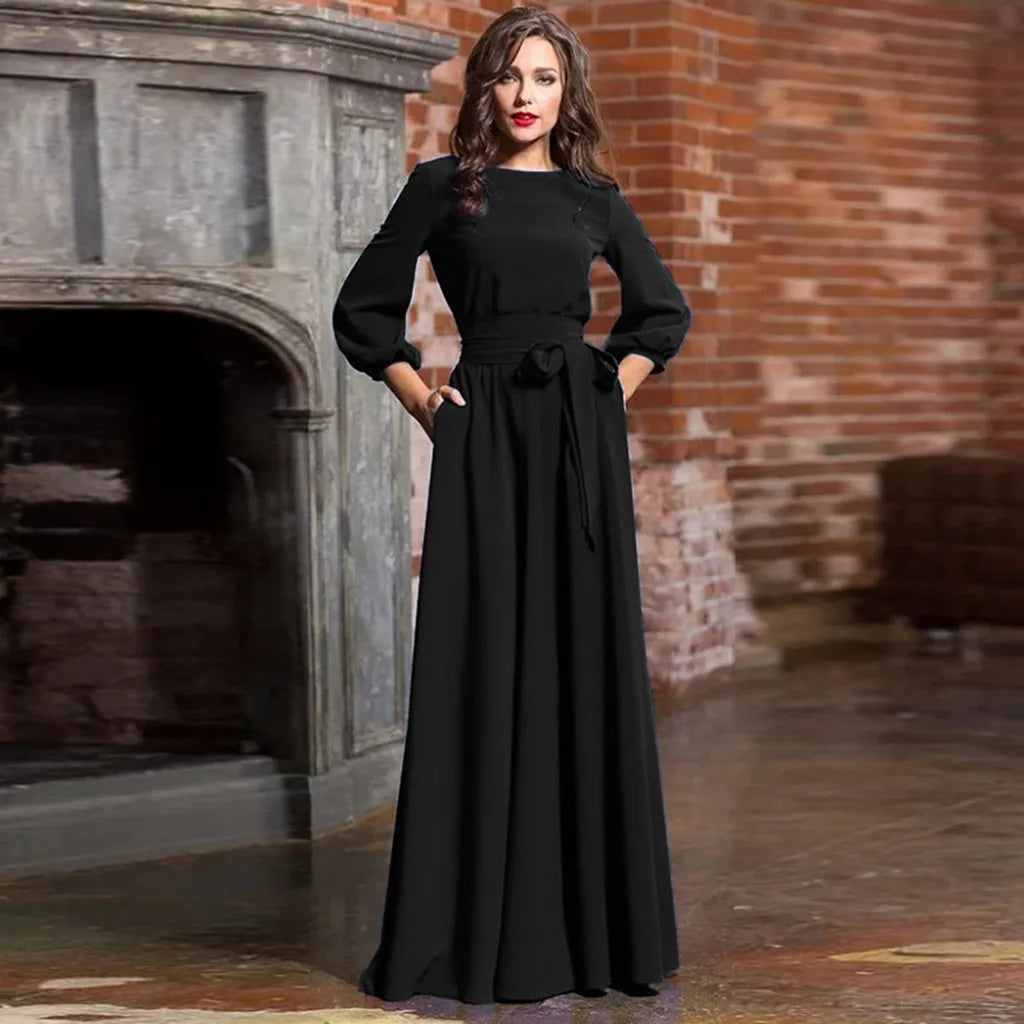 Women's Long Sleeve Dress A Line Solid Tie Up Waisted Formal Dresses For Women Vintage O Neck Medieval Long Dresses For Women