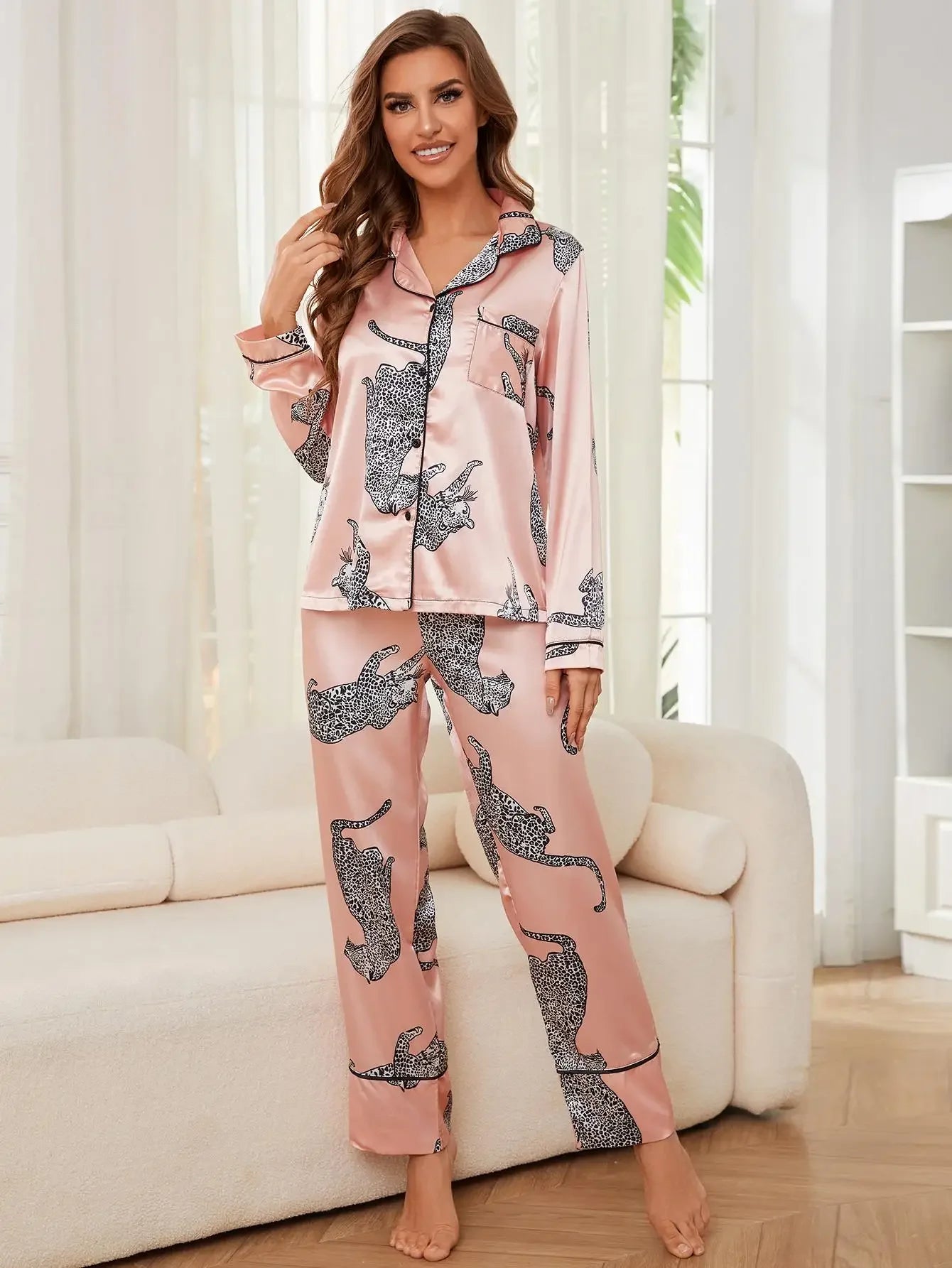 Leopard Print Silk Satin Women Pajama Sets Long Sleeves Front Button Top & Full-Length Pants 2 Piece Female Sleepwear Nightwear