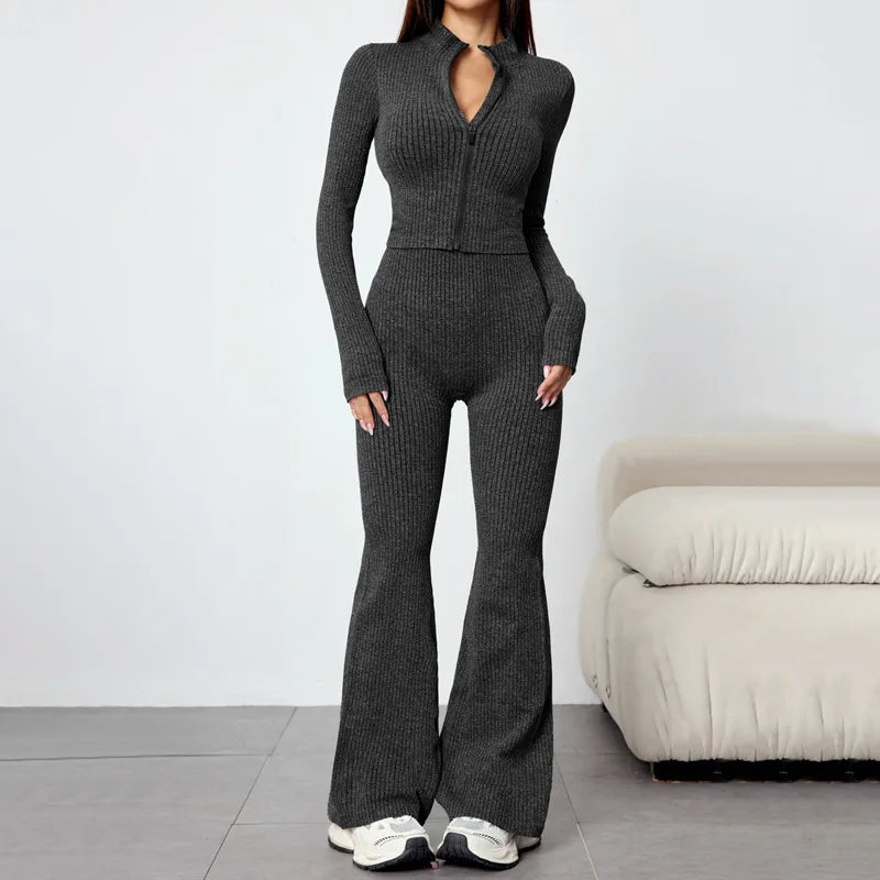 Women's Tight Fitness Yoga Outfit Set with Long Sleeves And Zipper Autumn Winter Sports Jacket And Bell Bottom Pants