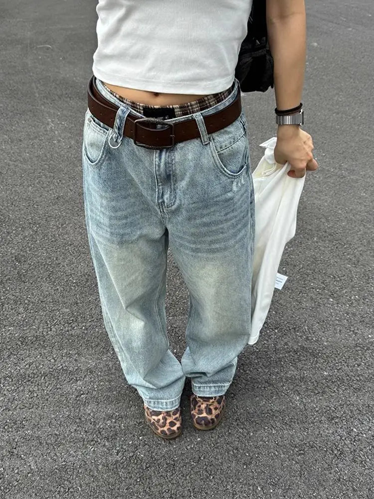 Wash Retro Light Blue Neutral Denim Trousers Women's Summer Cool Girl Pants Vintage Bottoms Female High Waist Wide-leg Jeans