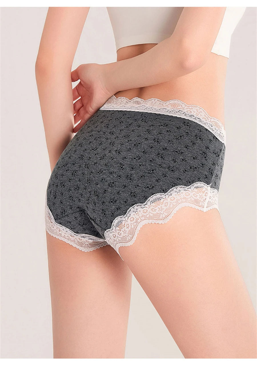 3Pcs Floral Cotton Crotch Panties Women's Underwear Cute Bow Brief Mid Waist Breathable Sexy Lace Female Lingerie Panties