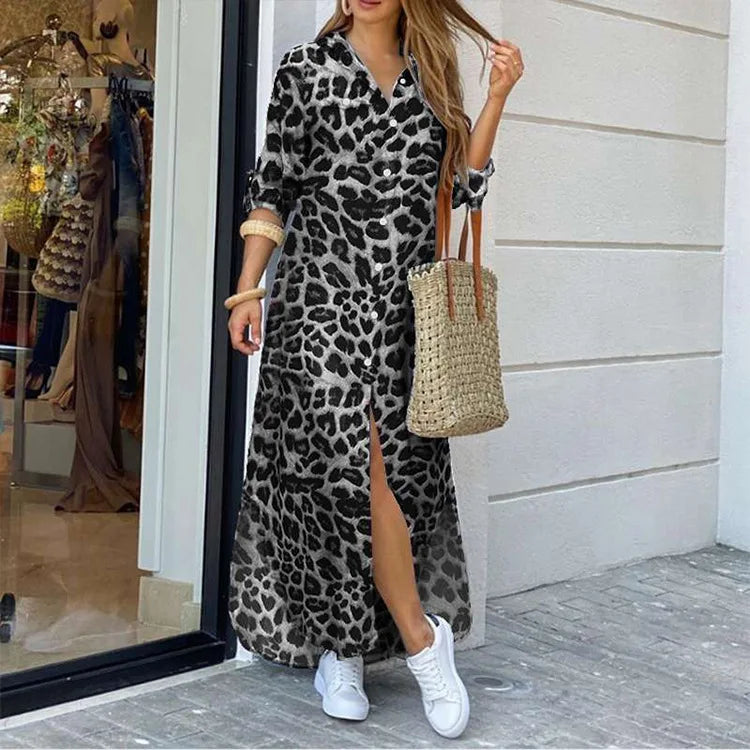 Camouflage Leopard Letters Floral Printed Dresses for Women 2025 Buttons Long Sleeve Loose Split Casual Solid Maxi Dress Robe