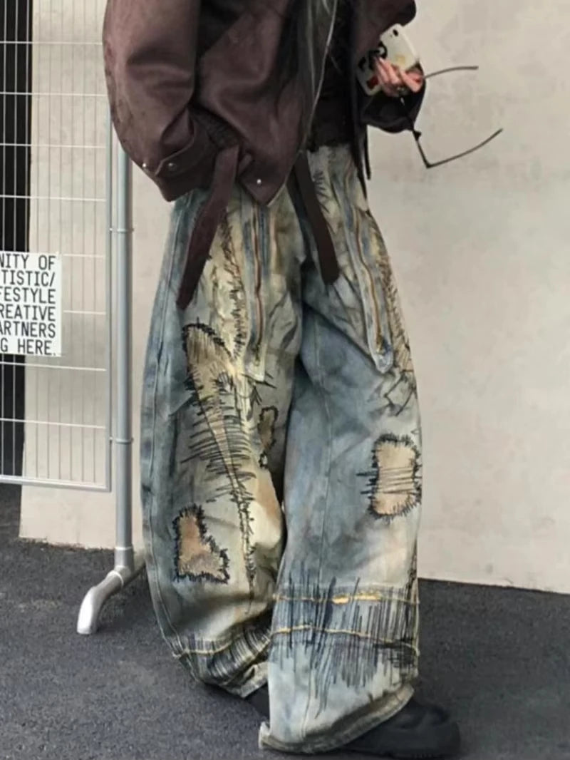 American Street Destruction Style Embroidered Denim Pants Oversized Retro Wash Personality Fashion Loose Casual Wide Leg Jeans