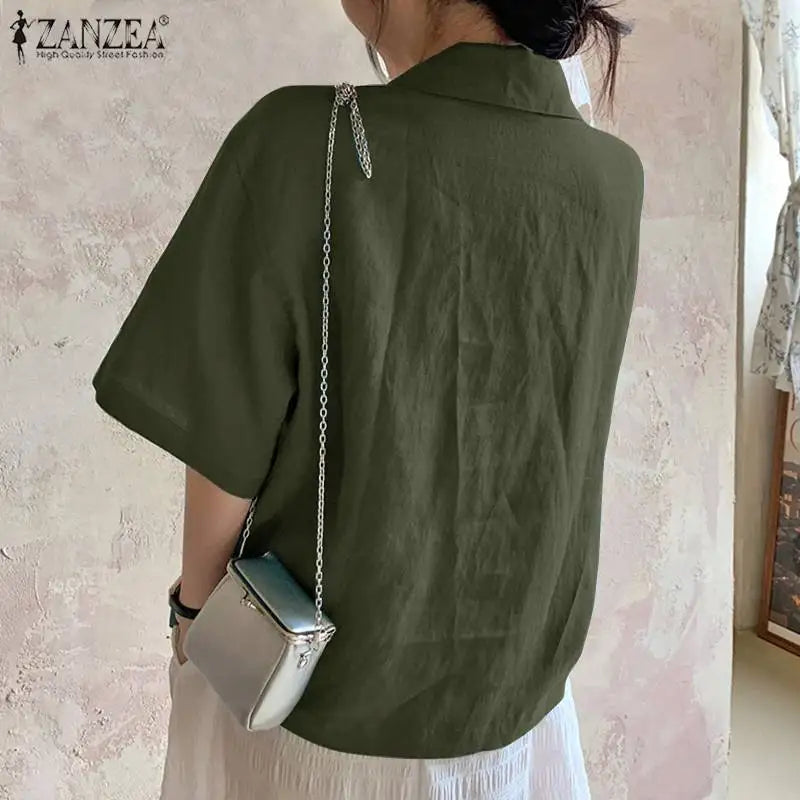 2023 ZANZEA Summer Shirt Women Blouses Turn-Down-Collar 3/4 Sleeved Buttons Up Blouse Loose Tops OL Shirts Solid Blusas Tunic