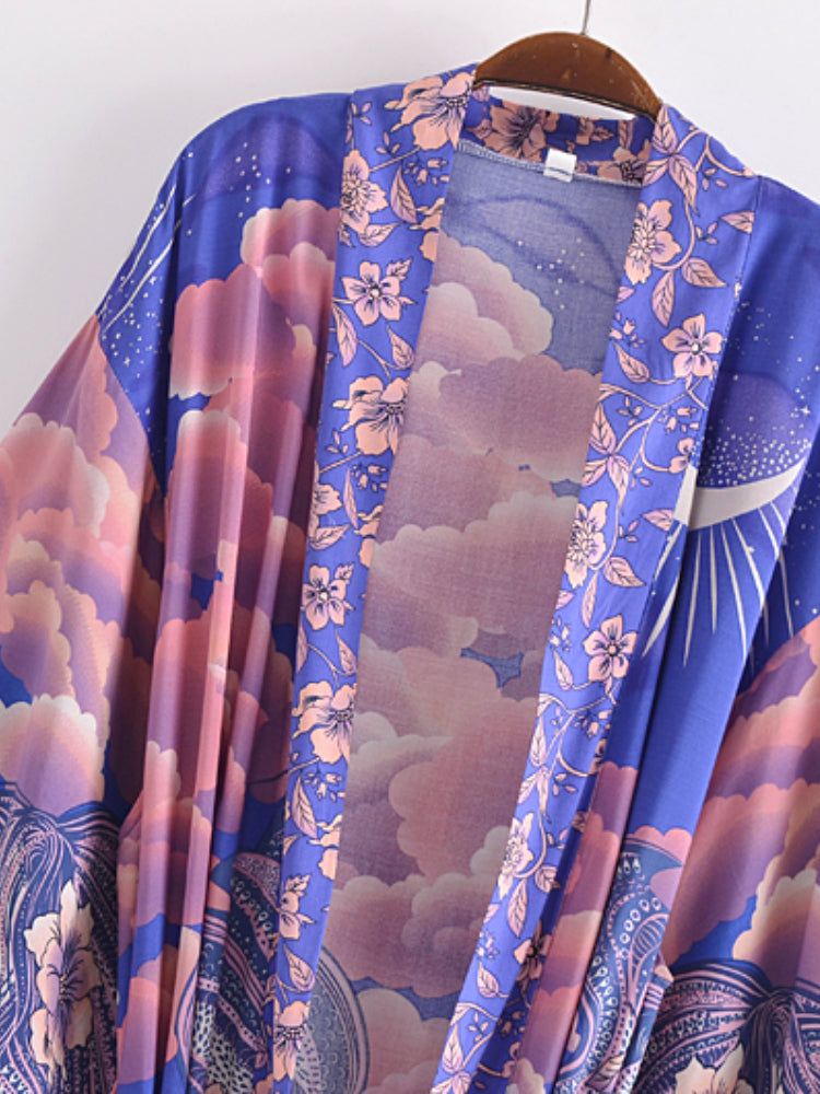 Vintage Chic Women Star and Moon Floral Print Bat Sleeve Beach Bohemian Kimono Dress Robe Ladies Summer Boho Bikini Cover-ups