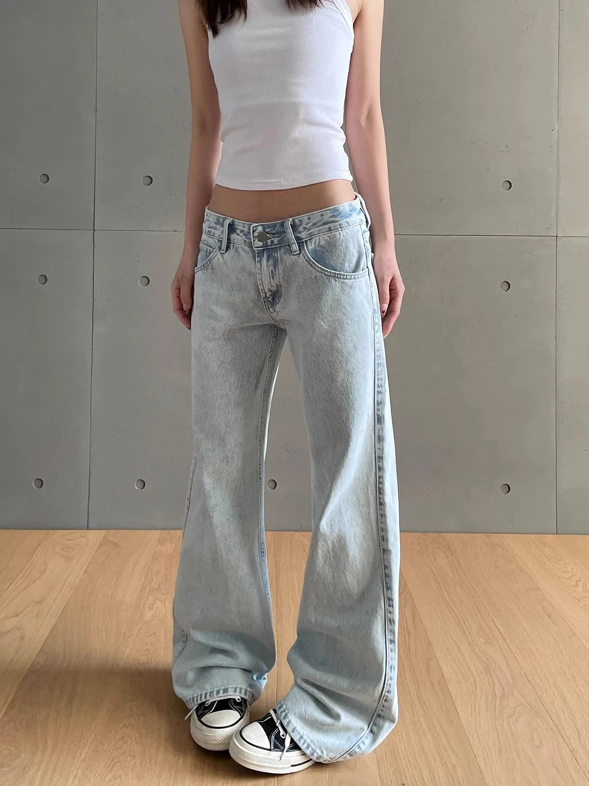 y2k Vintage Women Jeans Low Waist Zipper Button Solid Trousers with Pockets Aesthetic Streetwear Washed Jeans