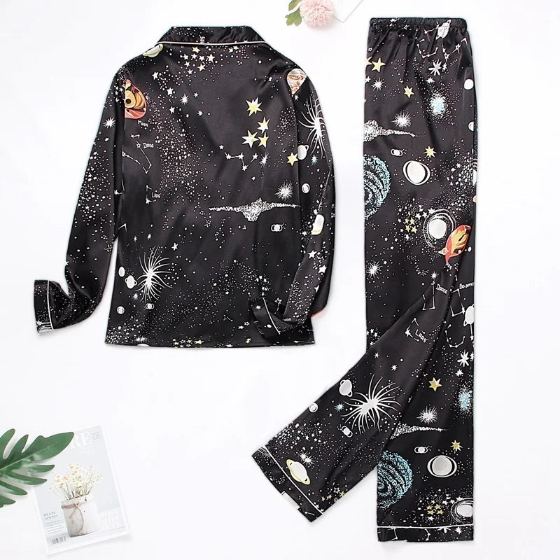 Spring Autumn pajama women Silk Satin pajamas set Long sleeve Shirt with Trouser Sleepwear Loungewear Female Pyjamas Suits Mujer
