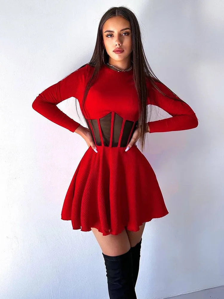 Solid Color Waist Mesh Splicing Design Women's Dress Spring And Summer New Fashion Round Neck Long Sleeve Slim A-line Dress 2025