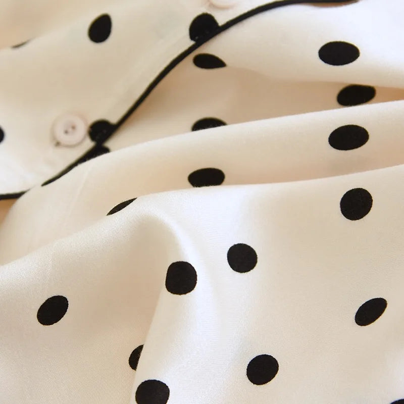 2023 Spring/Summer New Women's Pajama Set Gongsatin Cotton Women's Pajama Silk 100% Viscose Polka Dot Print Sleepwear 2-Piece