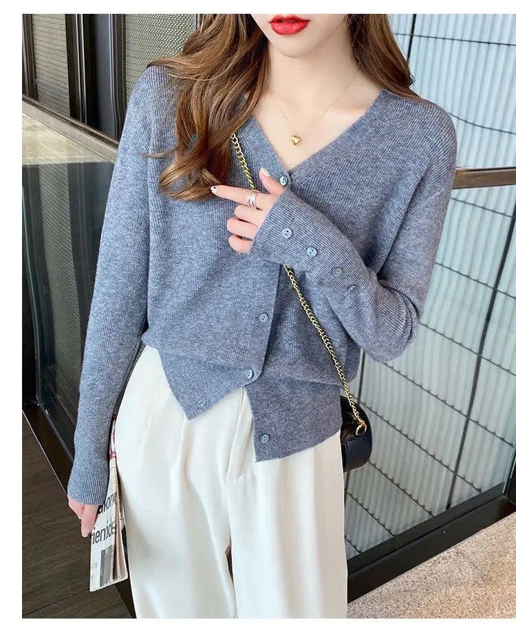 2025 Autumn And Winter Casual Sweater V Neck Women Korean Fashion Tops Long Sleeve Solid Basic Knitted Cardigan Female