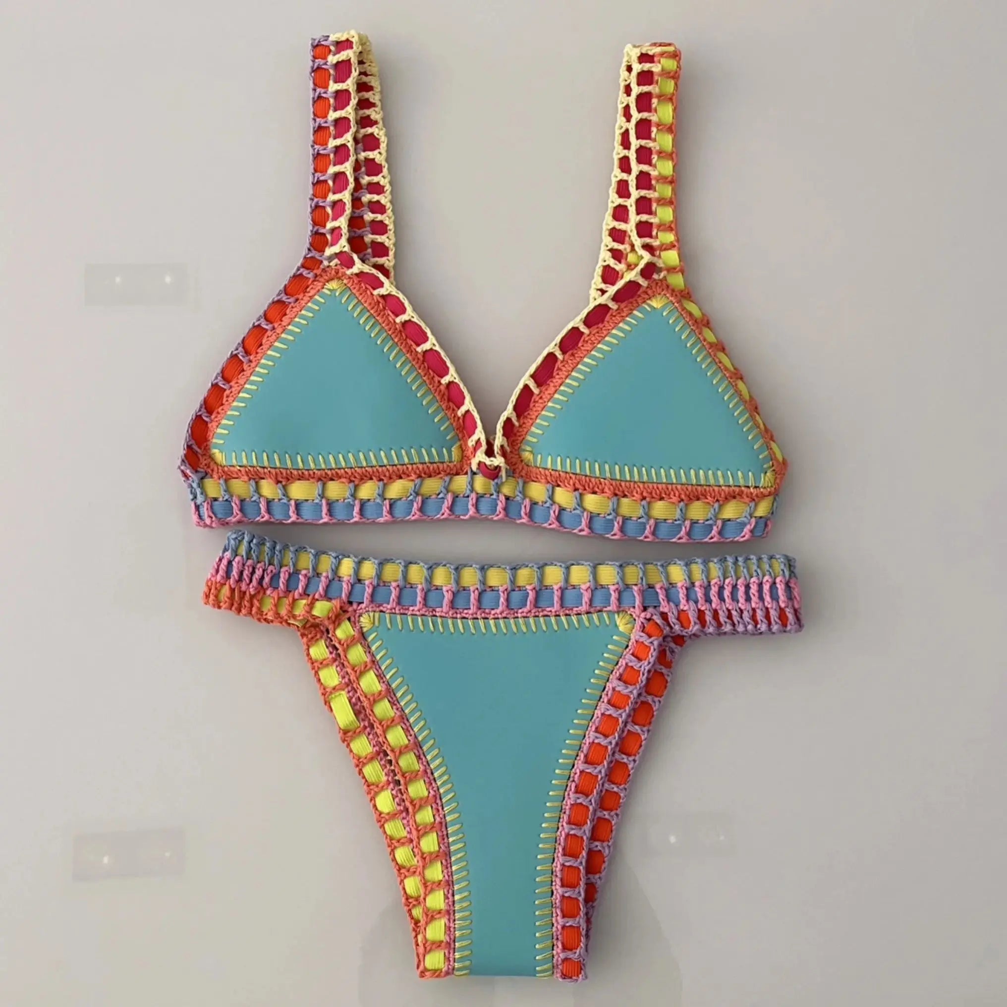 Turquoise Women Sexy Neoprene Triangle Swimsuit Swimming Wear Set Crochet Bikini Beachwear Bathing Suit For Vacation Wear