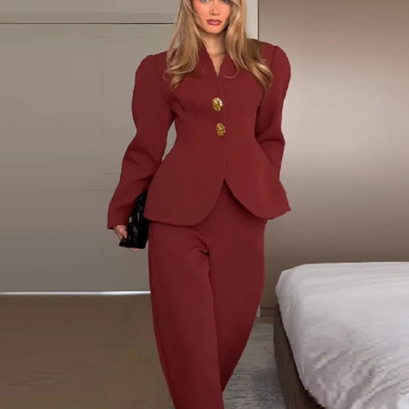 Fashion Solid V-neck Suit Casual Solid Long Sleeves Shoulder Pad Waist-cinching Pant Suit 2025 Autumn  Lady Daily Street Outfit