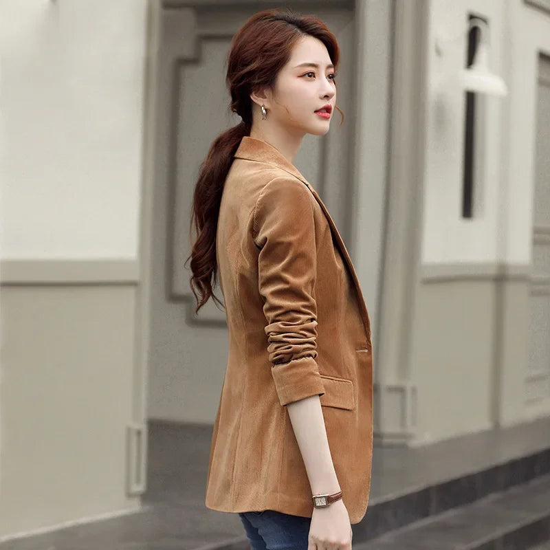Women's Long-Sleeved Corduroy Jacket, Casual Small Suit, Formal Wear, Slim, Slimming Monochromatic, Fashion, Spring, Autumn, New