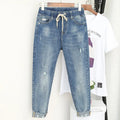 Spring summer Large size jeans women's stretch fat sister nine-point pants were thin high waist pants Big 5xl 6XL