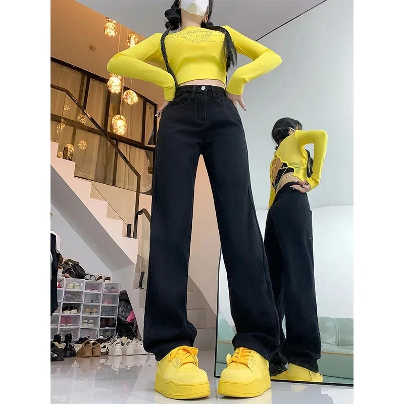 Thickened Fleece High Waist Straight Leg Jeans Women Winter New Style Loose Slim Wide Leg Pants Floor-Length Trousers
