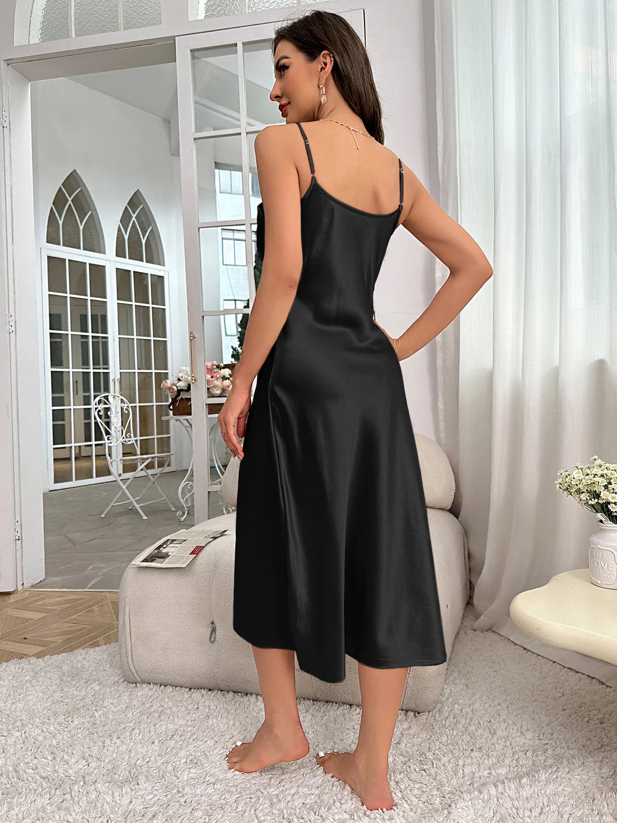 Solid Satin Nightdress  Sexy V Neck Spaghetti Strap Slip Dress  Women's Sleepwear   Dresses