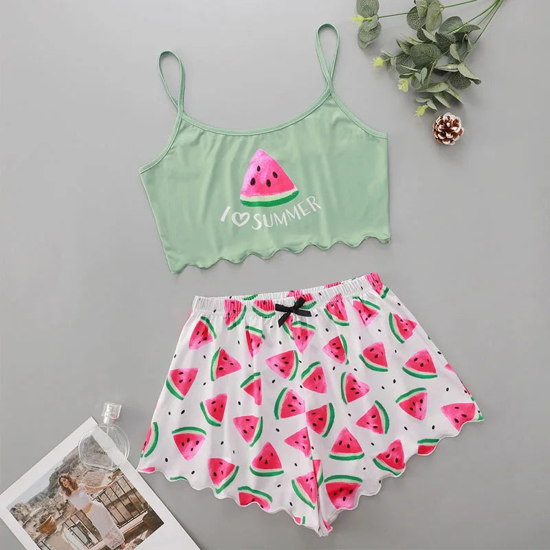 Watermelon Lettuce Women Pajama Set Sleeveless O Neck Crop Top & Elastic Waist Shorts 2 Pieces Female Sleepwear Summer Nightwear