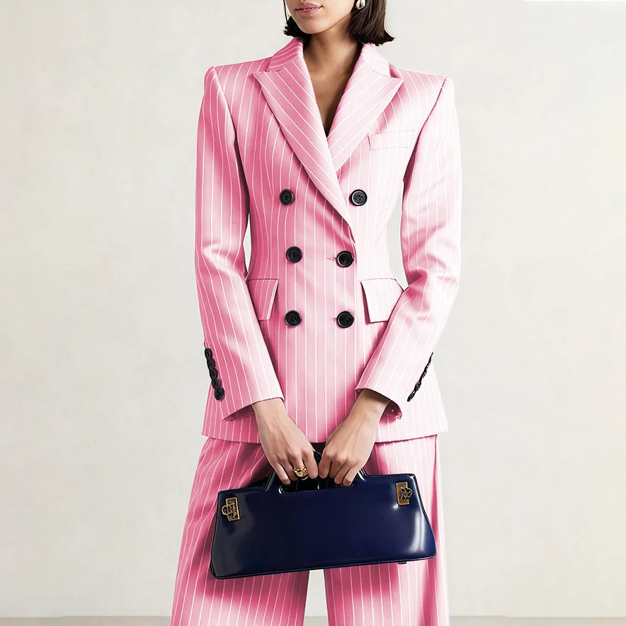 Slim Chic Double Breasted Women Pants Set High-end Female Two Pieces(Jacket+Trousers)أطقم بناطيل