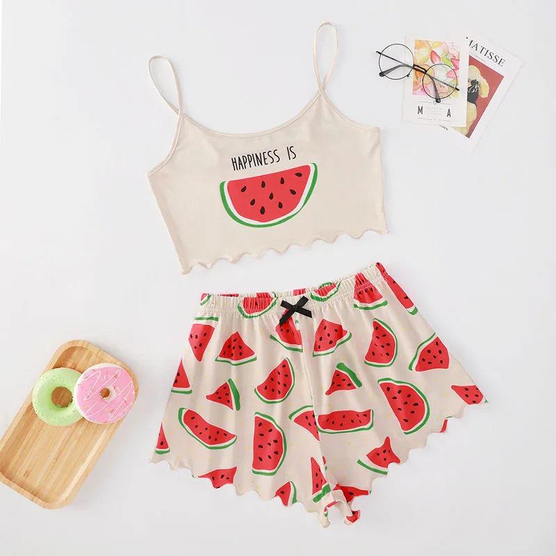 Watermelon Lettuce Women Pajama Set Sleeveless O Neck Crop Top & Elastic Waist Shorts 2 Pieces Female Sleepwear Summer Nightwear